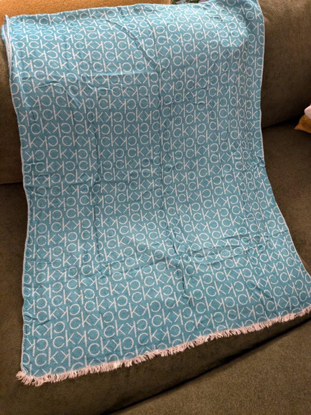Calvin Klein Teal Reversible Monogram Wrap 32.5 x 25 Frayed Edges